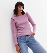 New Look Light Purple Ribbed Knit Frill Long Sleeve Top